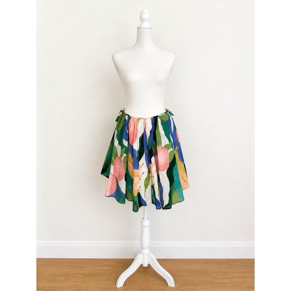 H&M Cotton Fruit Print Circular Mini Skirt Size 8 Tie Waist Summer Boho Tropical